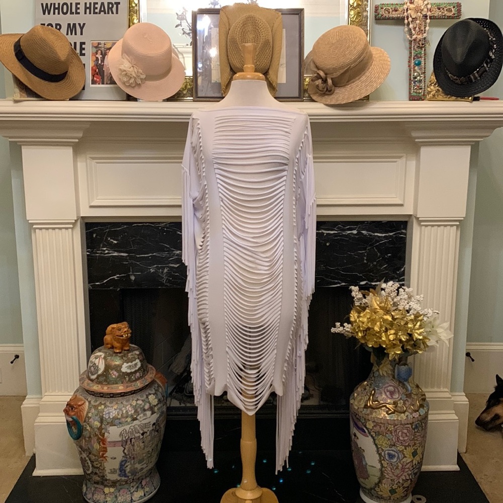 Unique amazing cut fringed white tunic top or dress